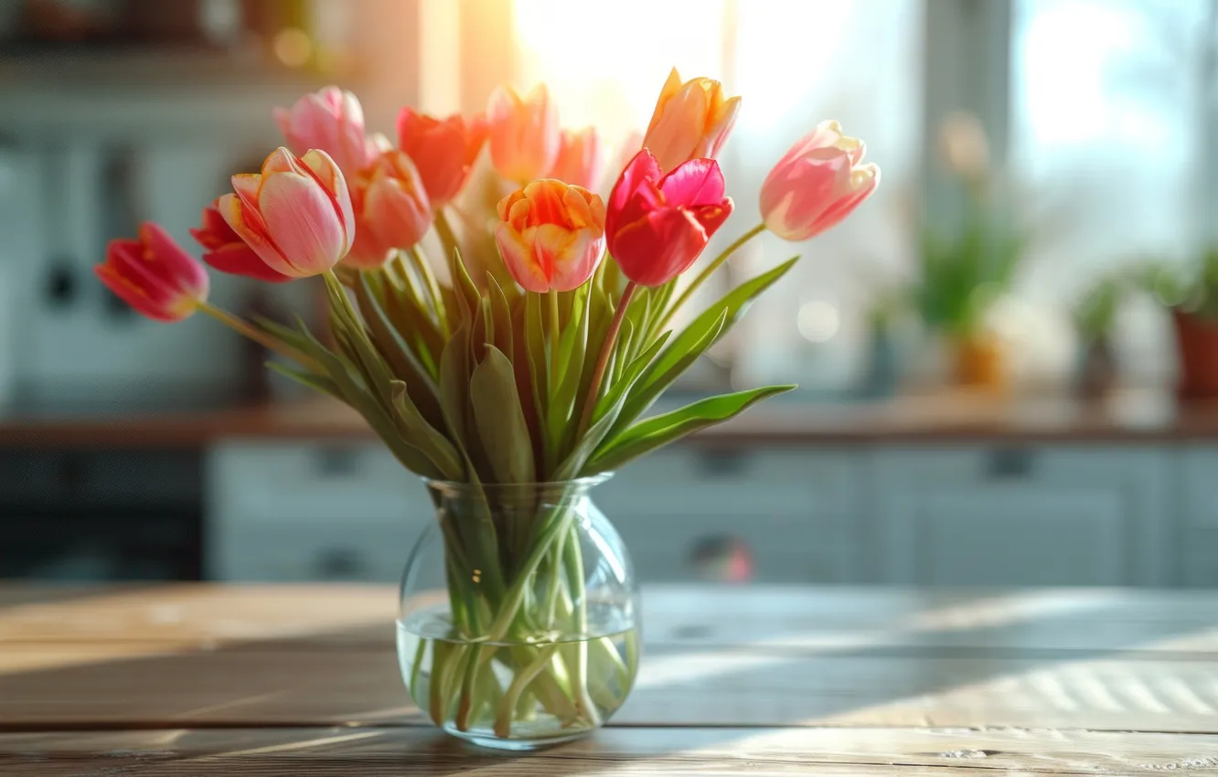 Photo wallpaper flowers, bouquet, spring, tulips, AI art, neural network