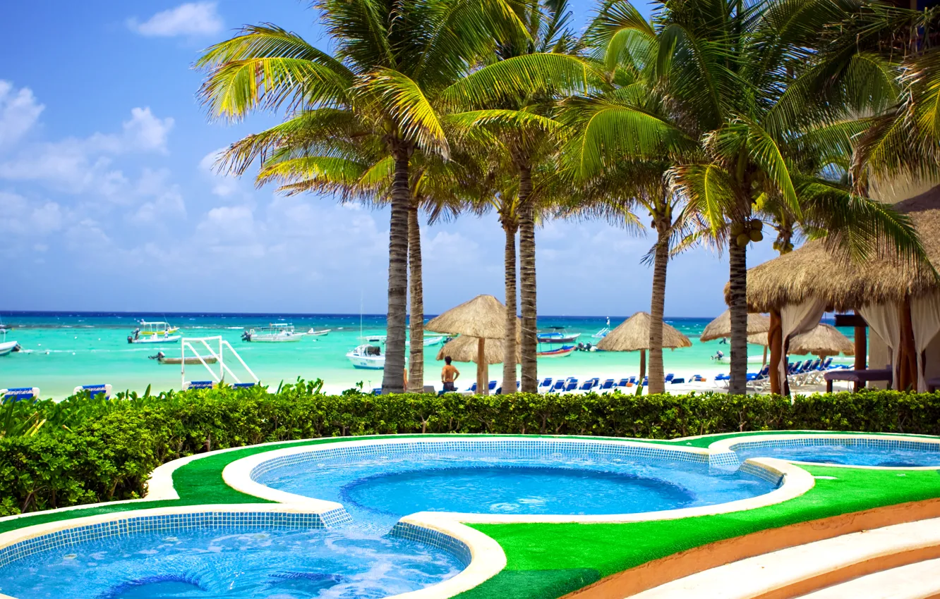 Photo wallpaper sea, beach, the sky, clouds, tropics, palm trees, stay, shore