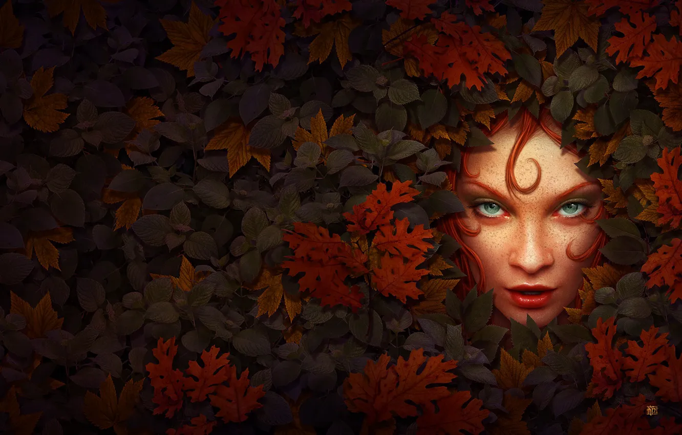 Photo wallpaper greens, eyes, leaves, girl, nature, face, plant, color