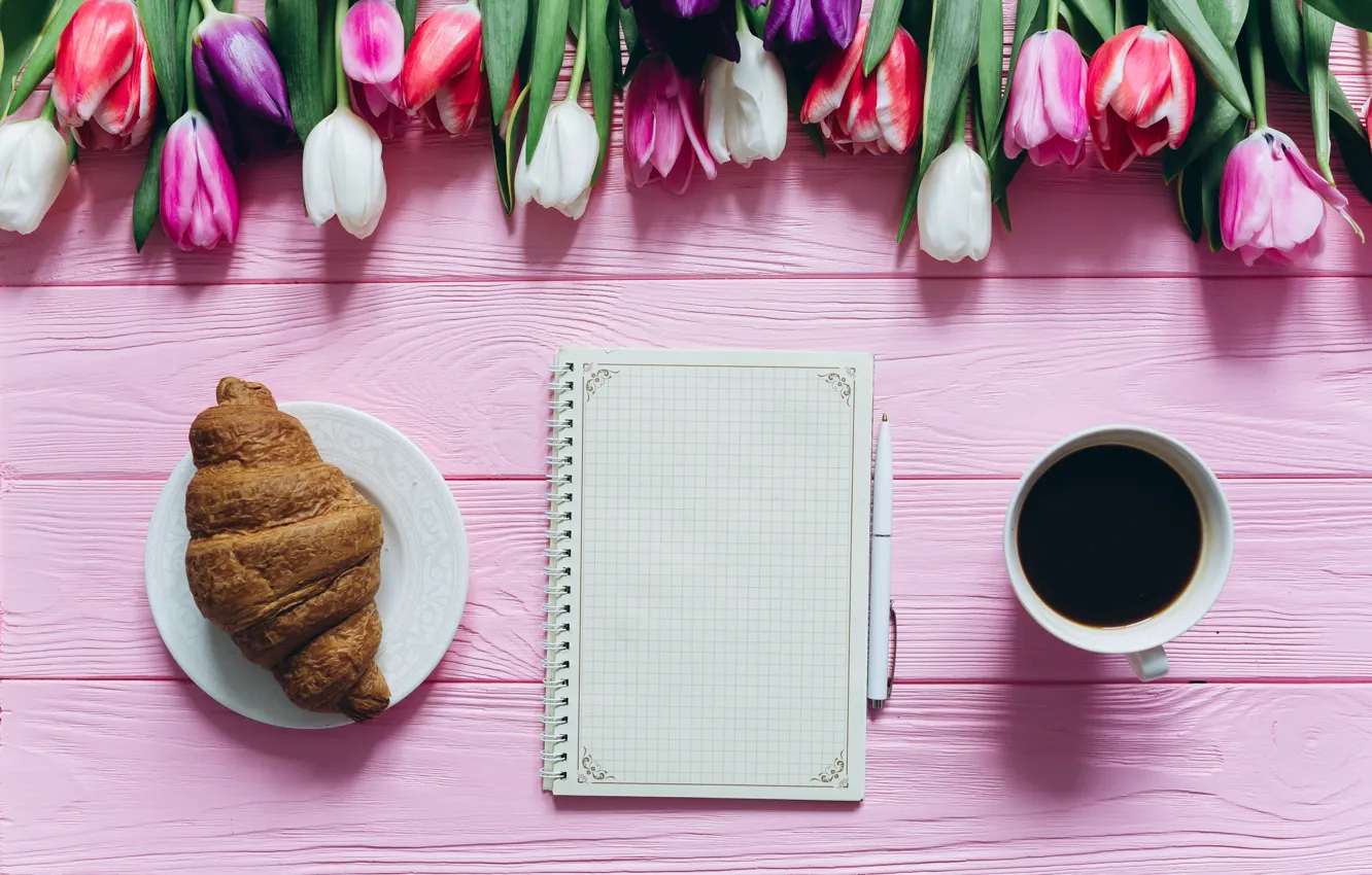 Photo wallpaper coffee, handle, tulips, Notepad, drink, croissant