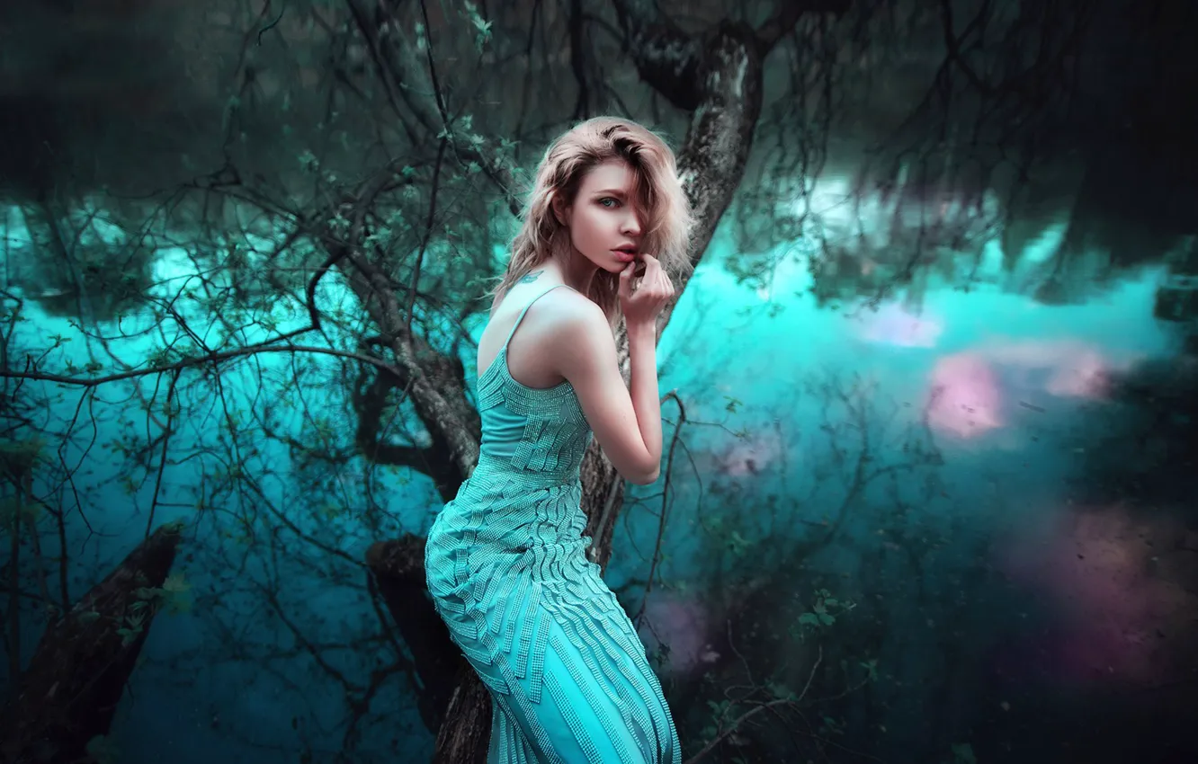 Photo wallpaper water, pose, reflection, tree, model, dress, Maria Lipina