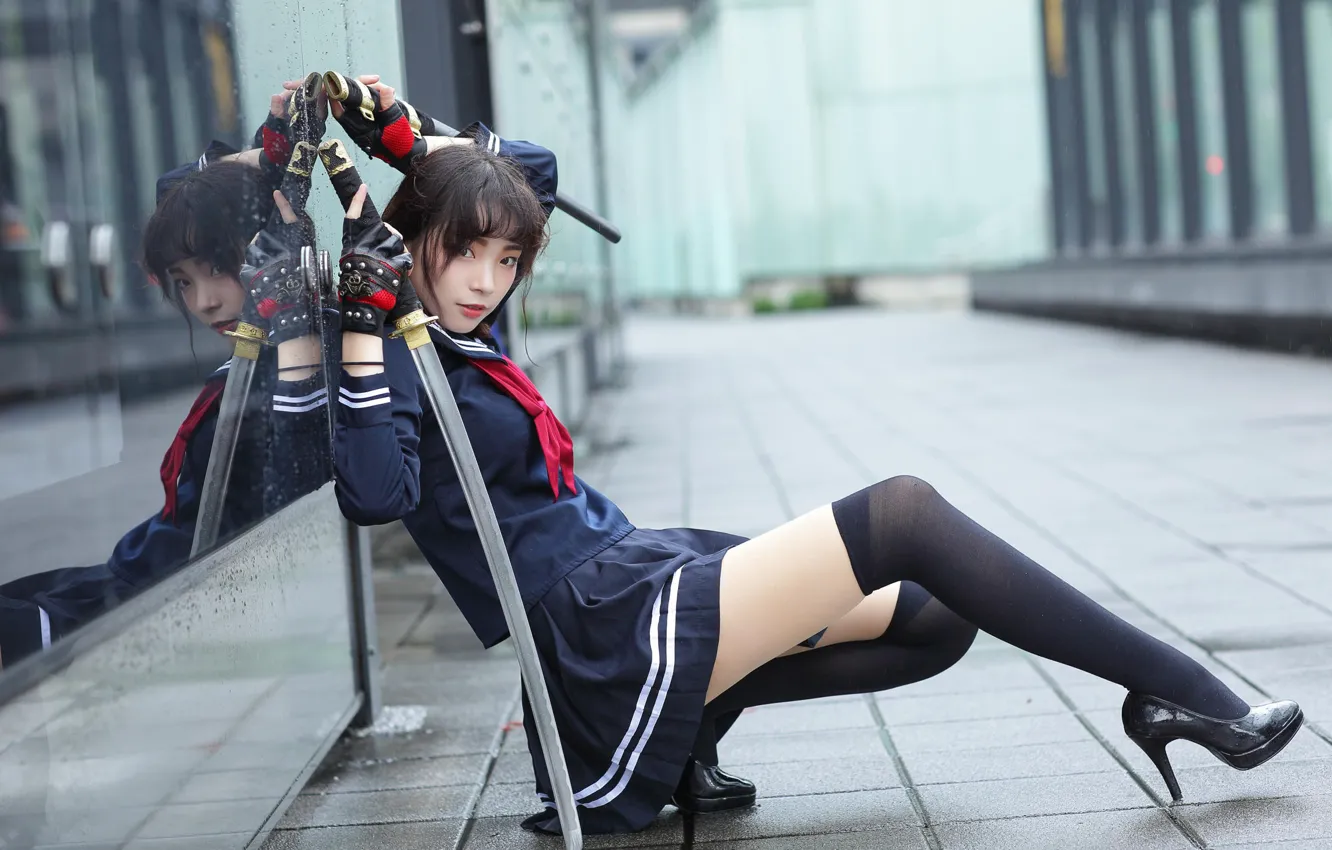 Photo wallpaper girl, sword, Model, school uniform, weapon, photo, stockings, katana