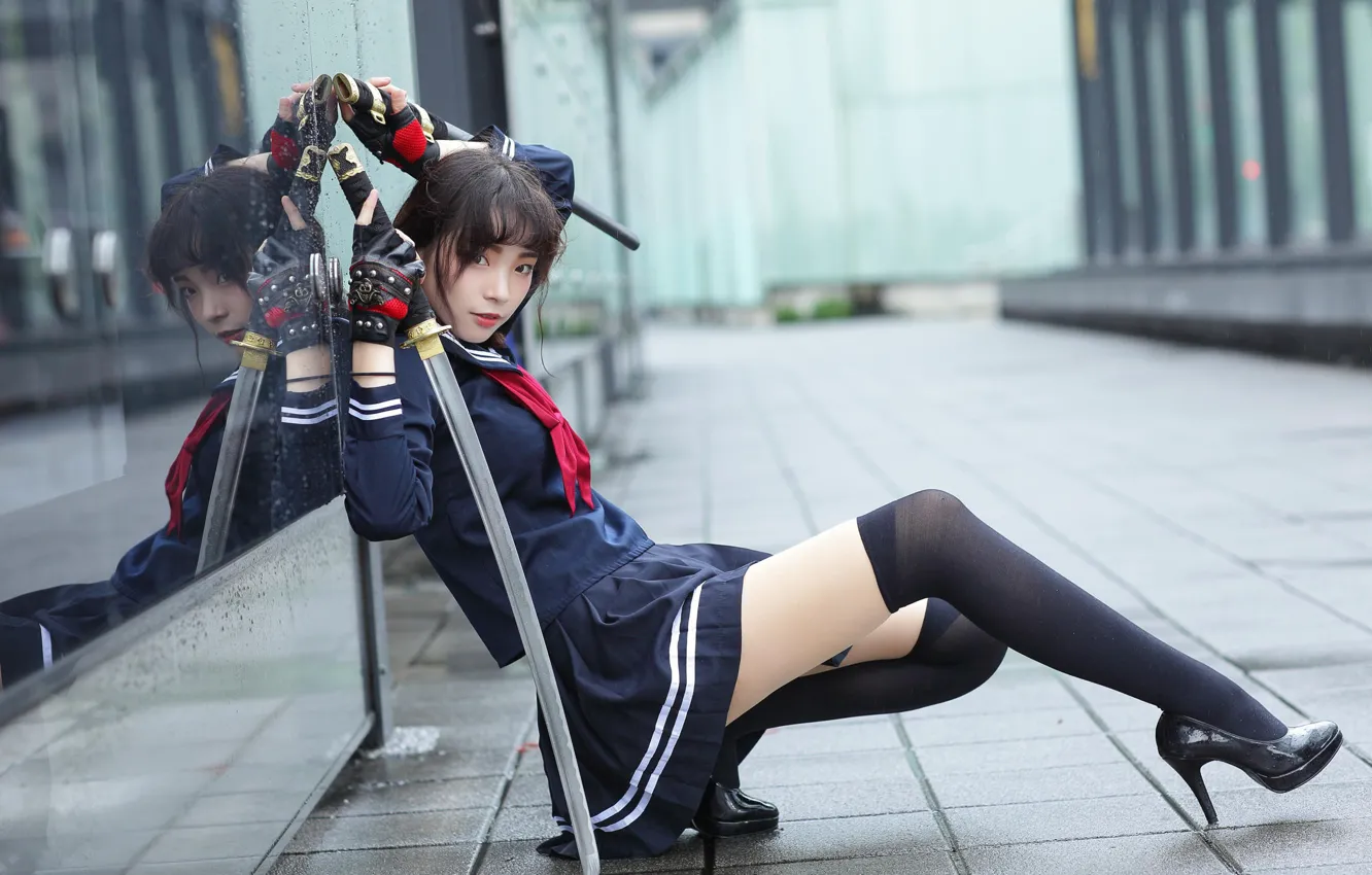 Photo wallpaper girl, sword, school uniform, weapon, photo, stockings, katana, model
