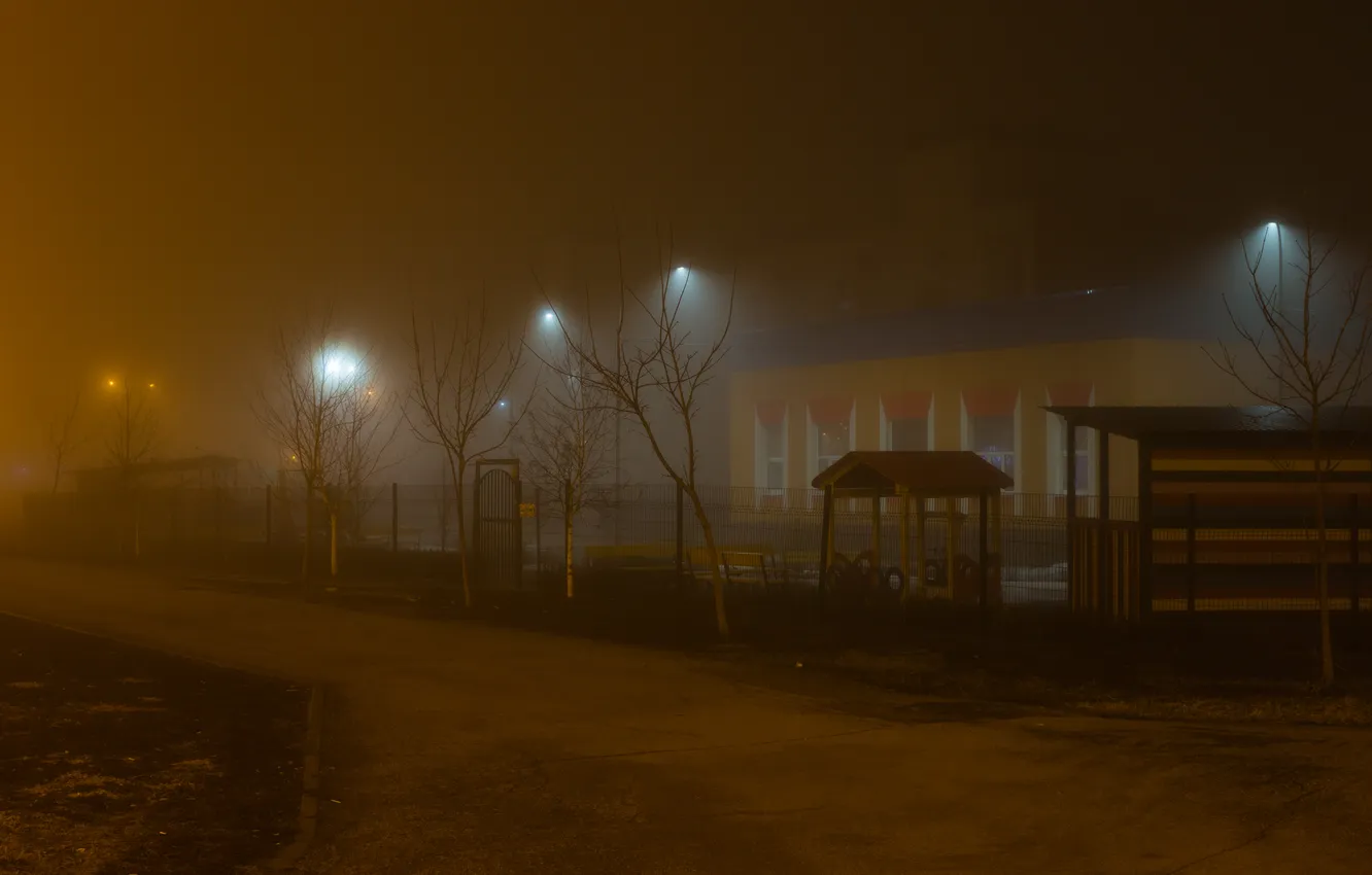 Photo wallpaper night, the city, fog, building, spring, lights, Russia, architecture