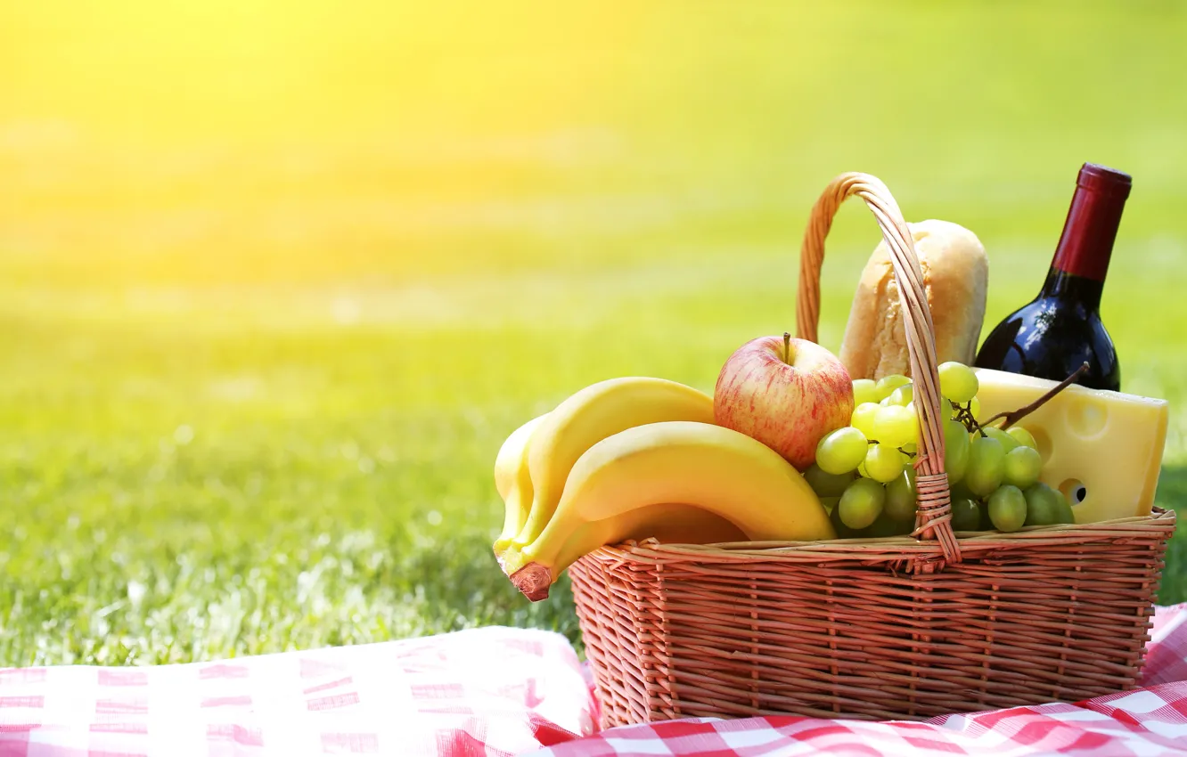 Photo wallpaper wine, fruit, picnic, basket, baton
