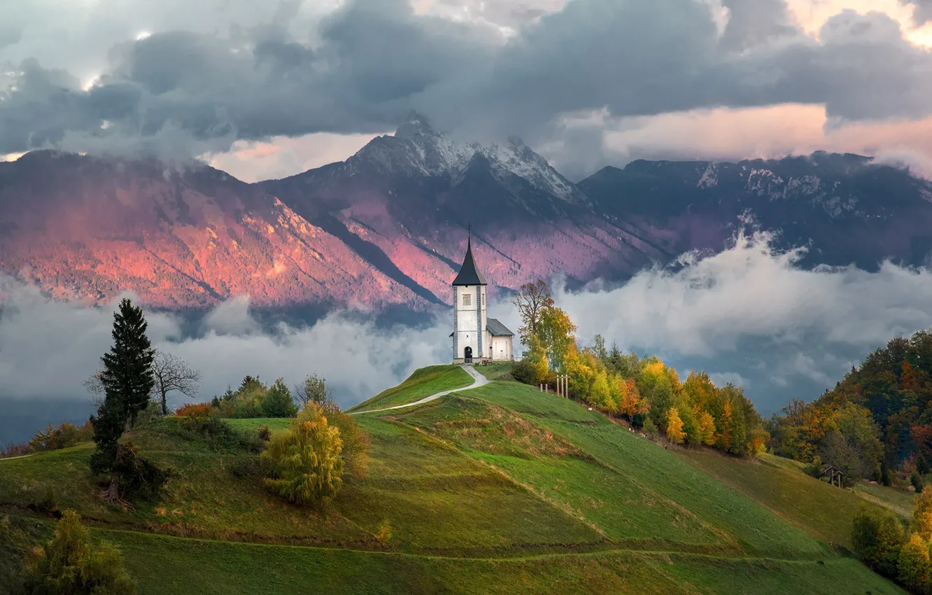 Photo wallpaper clouds, landscape, mountains, nature, hills, Church, Slovenia, Yamnik