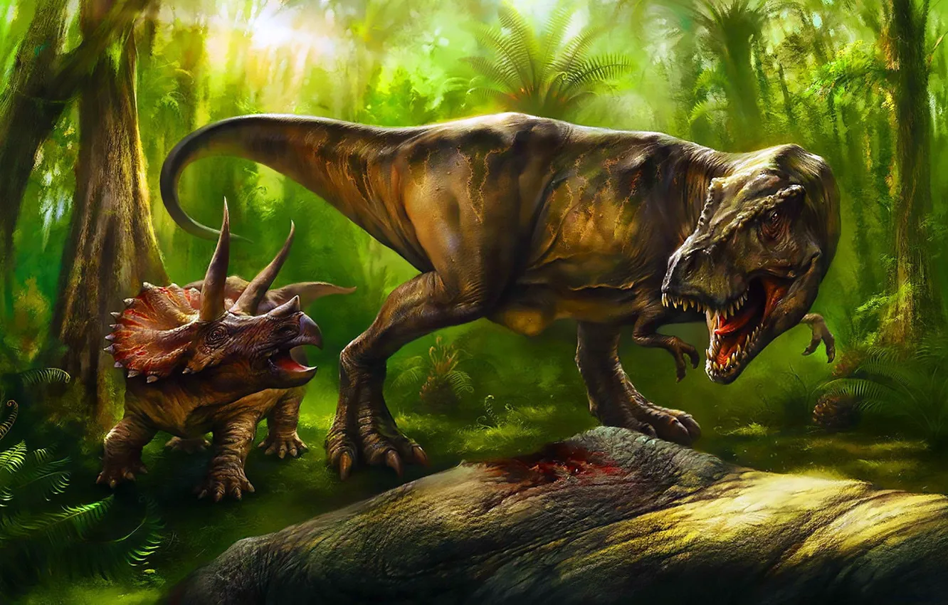 Photo wallpaper animal, predator, grin, two, Raptor, Triceratops, T-Rex, Tyrannosaurus