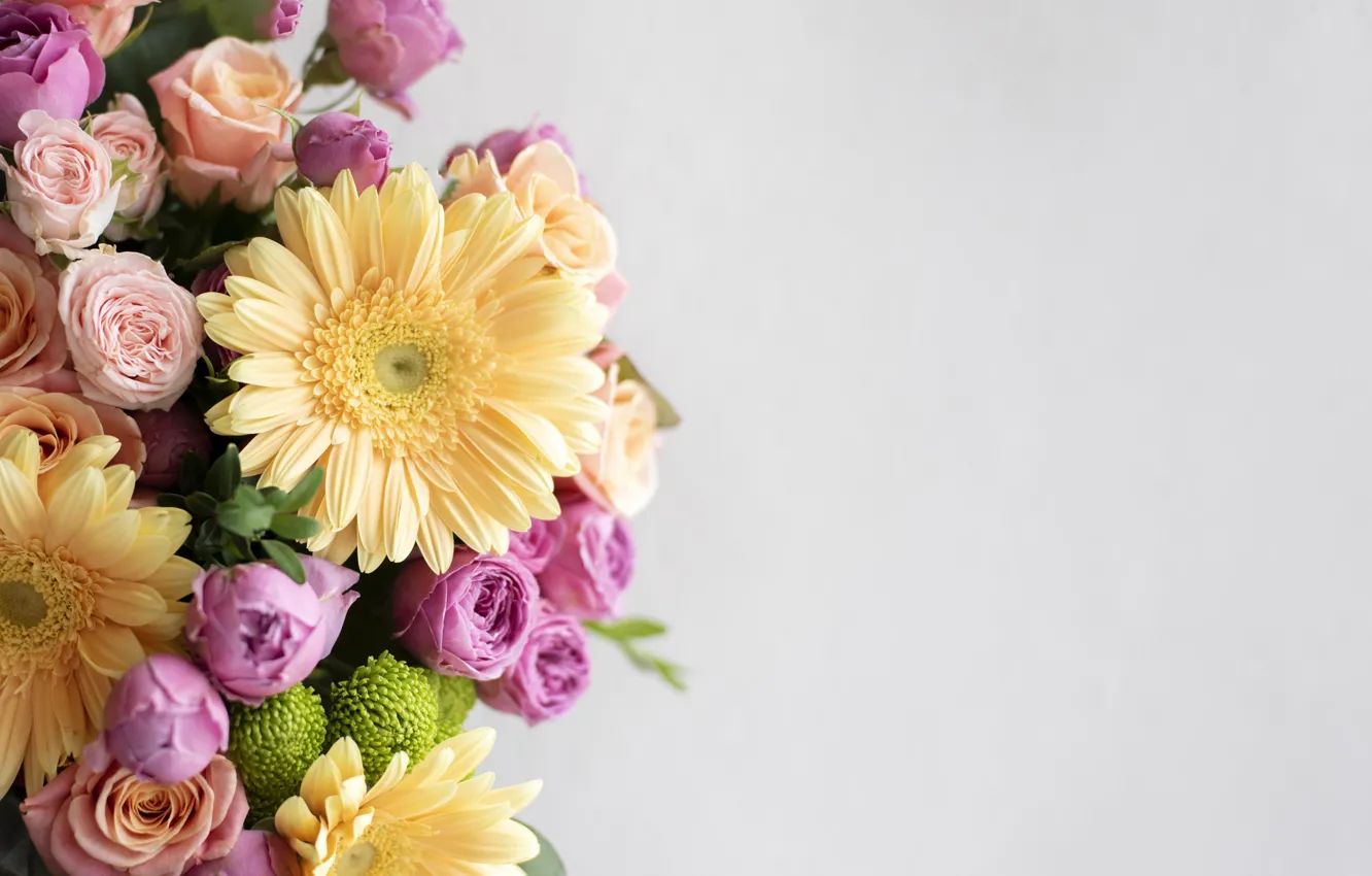 Photo wallpaper flowers, yellow, roses, pink, light background, gerbera, chrysanthemum