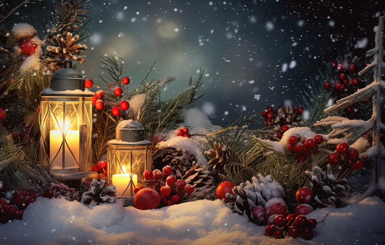 Photo wallpaper winter, snow, decoration, berries, New Year, Christmas, lantern, light