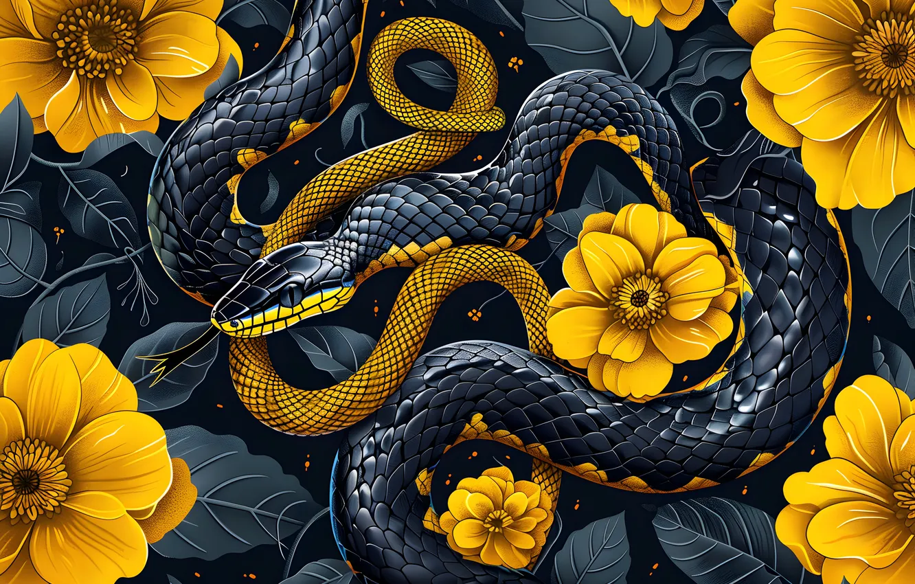 Photo wallpaper Flowers, Snake, Art, Reptile, Animal, Digital art, AI art, The Art of Artificial Intelligence