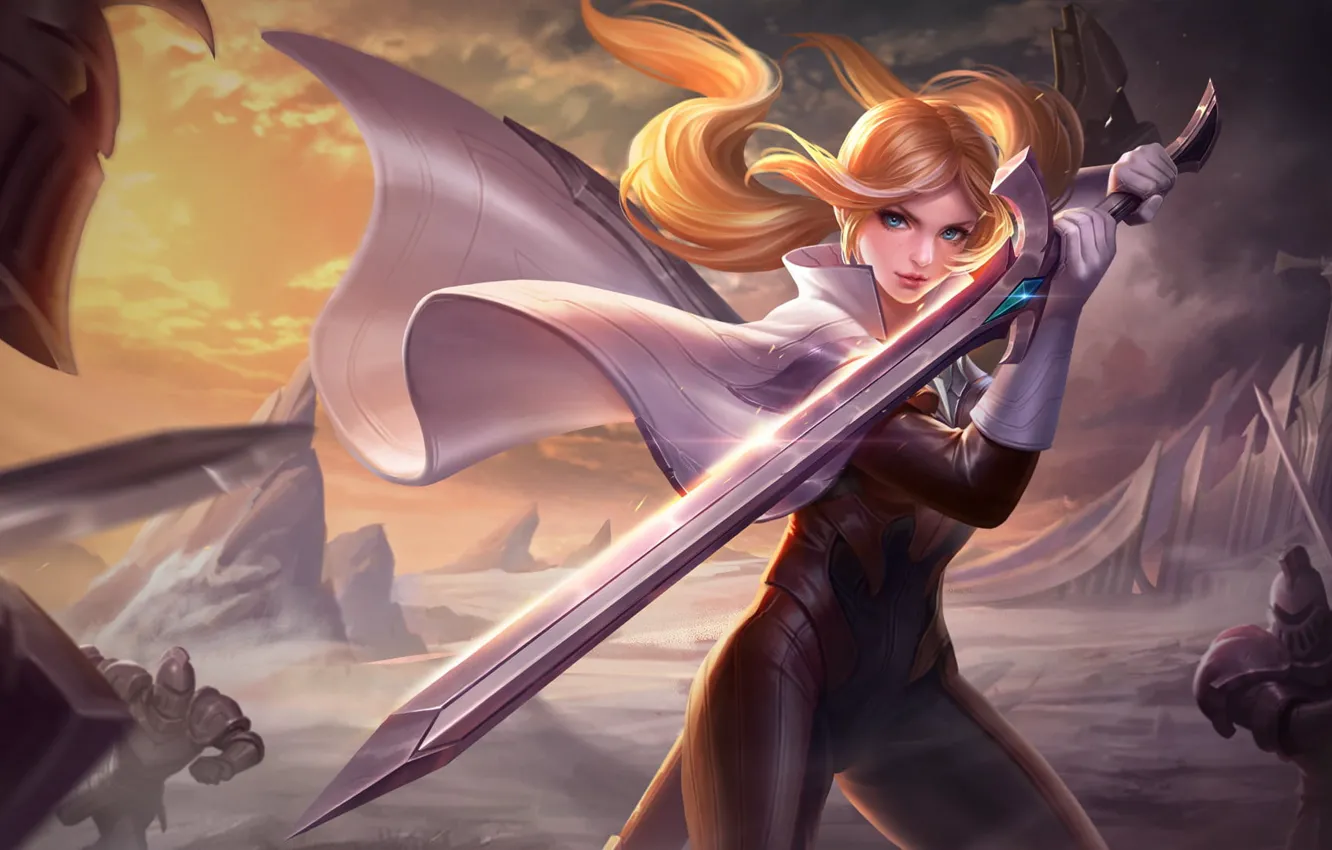 Photo wallpaper snow, weapons, sword, battle, arena, Heath, beautiful girl, mob