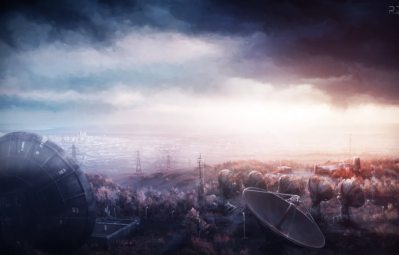 Photo wallpaper the sky, clouds, nature, the city, wire, tower, art, postapokalipsis