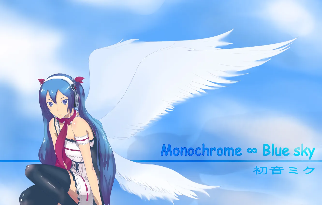 Photo wallpaper look, girl, smile, wings, angel, headphones, vocaloid, hatsune miku