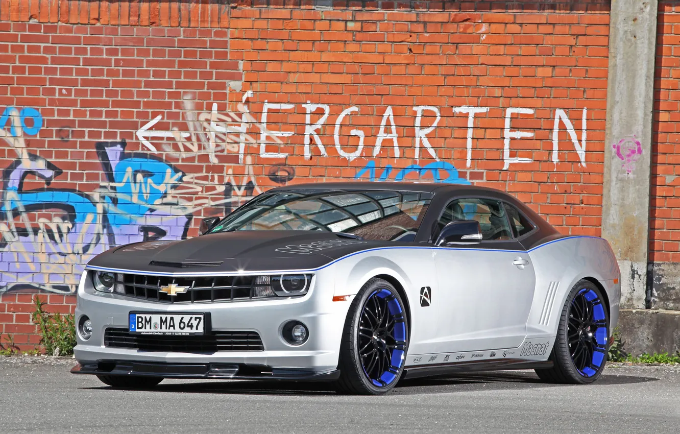 Photo wallpaper auto, graffiti, tuning, Chevrolet, Camaro, brick wall