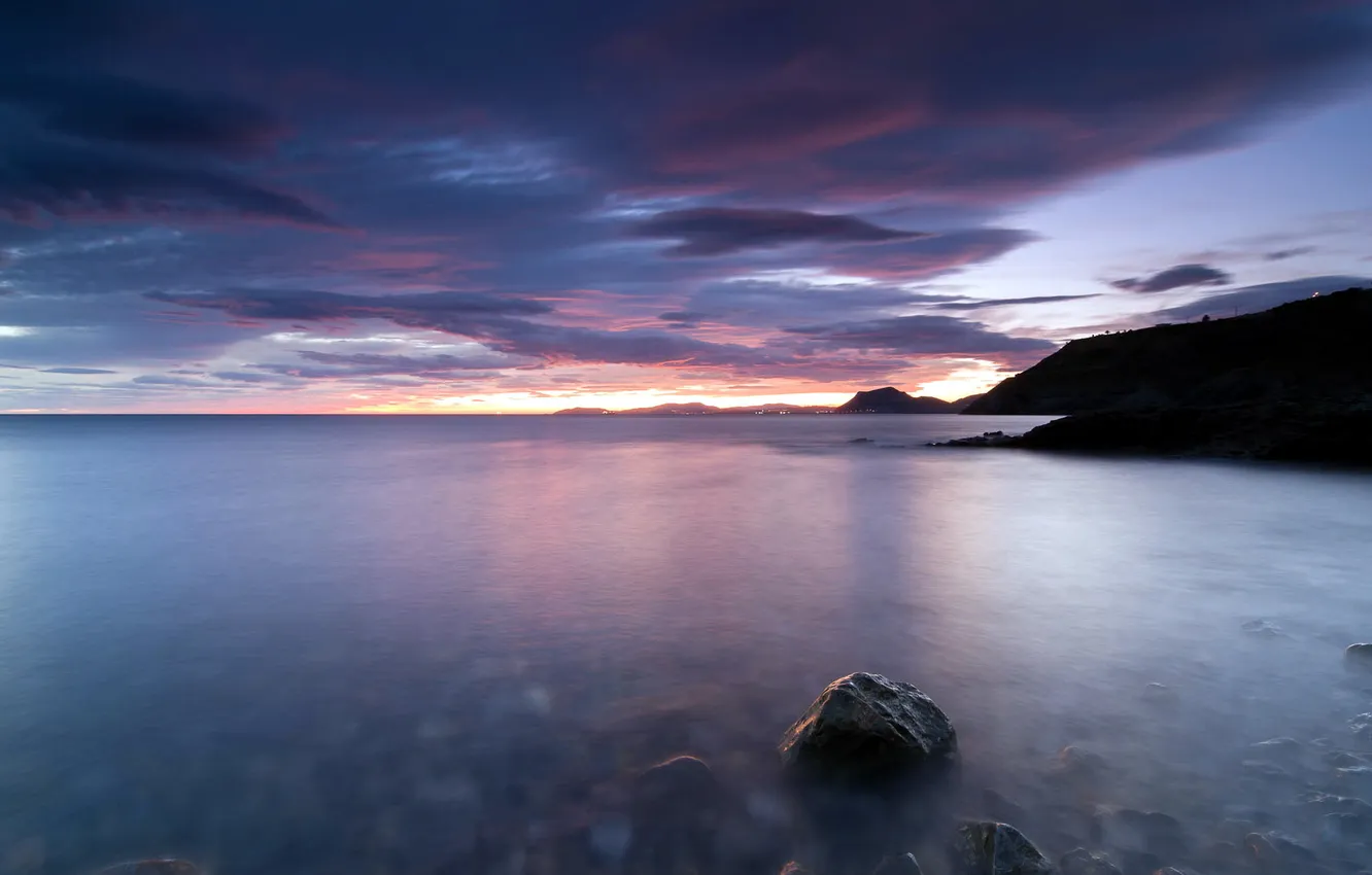Photo wallpaper sea, landscape, sunset, stones
