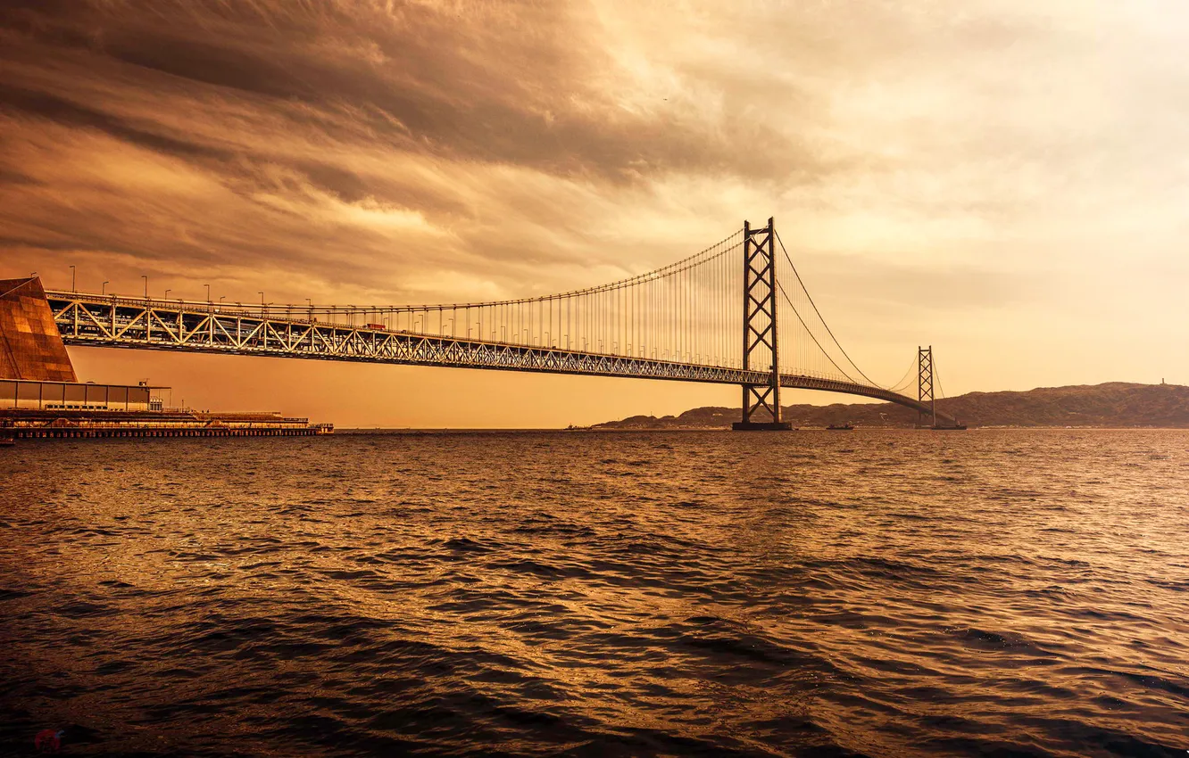 Photo wallpaper sea, the sky, clouds, mountains, bridge, Strait, support, Bay
