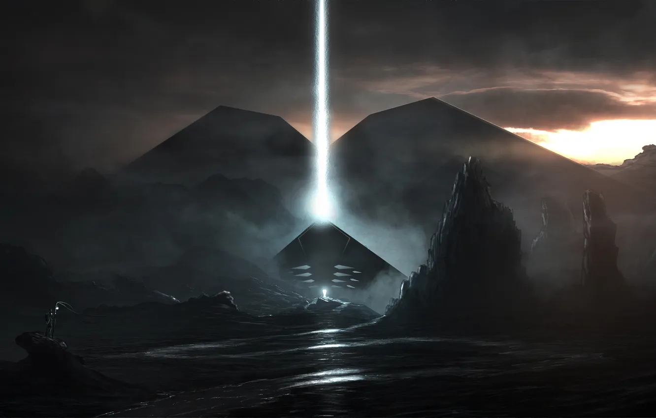 Photo wallpaper light, landscape, night, fiction, rocks, pyramid, art