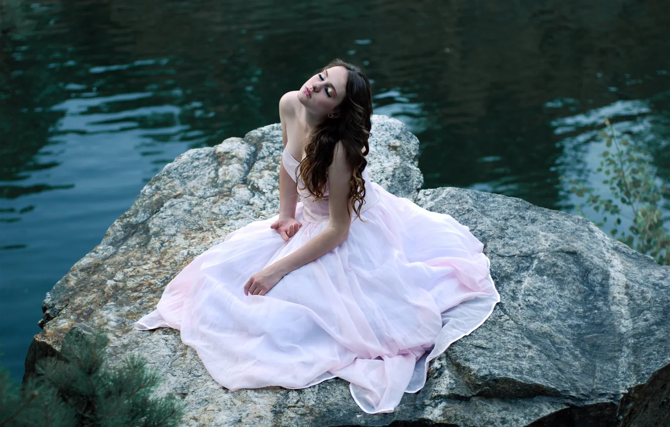 Photo wallpaper stones, dress, brown hair, pond