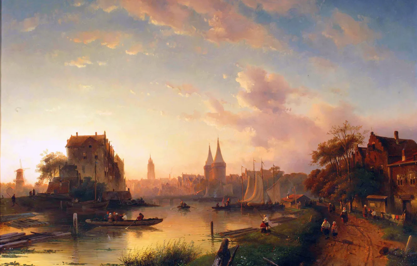 Photo wallpaper clouds, river, boat, people, home, picture, Charles Leickert, Charles Henri Joseph Leikert