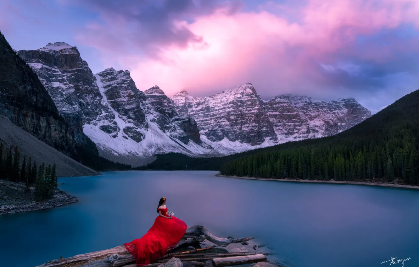 Photo wallpaper forest, the sky, girl, mountains, lake, dress