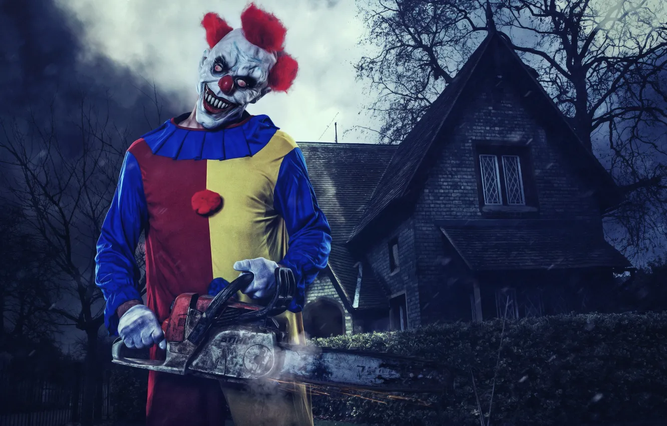 Photo wallpaper home, clown, mask, Halloween, Halloween, chainsaw, clown, Halloween Killerclown