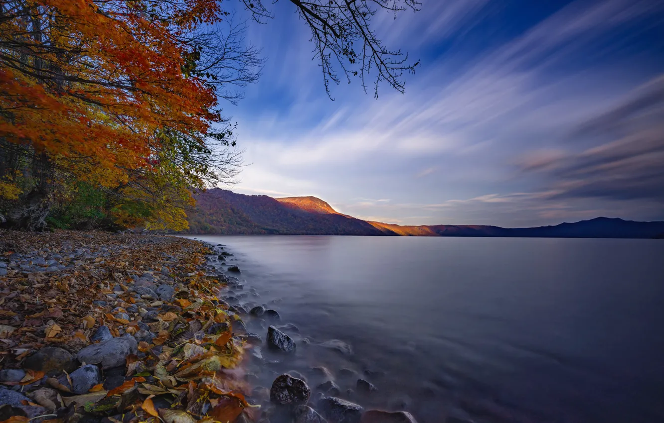 Photo wallpaper autumn, leaves, trees, landscape, mountains, nature, stones, shore