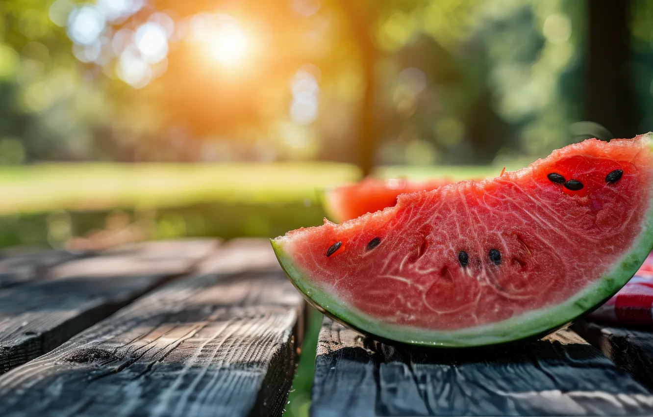 Photo wallpaper summer, the sun, light, nature, Park, Board, watermelon, slices