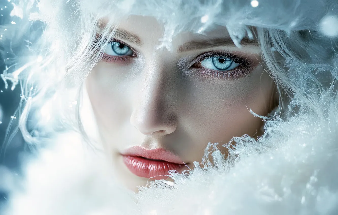 Photo wallpaper winter, frost, look, girl, snow, face, hat, winter