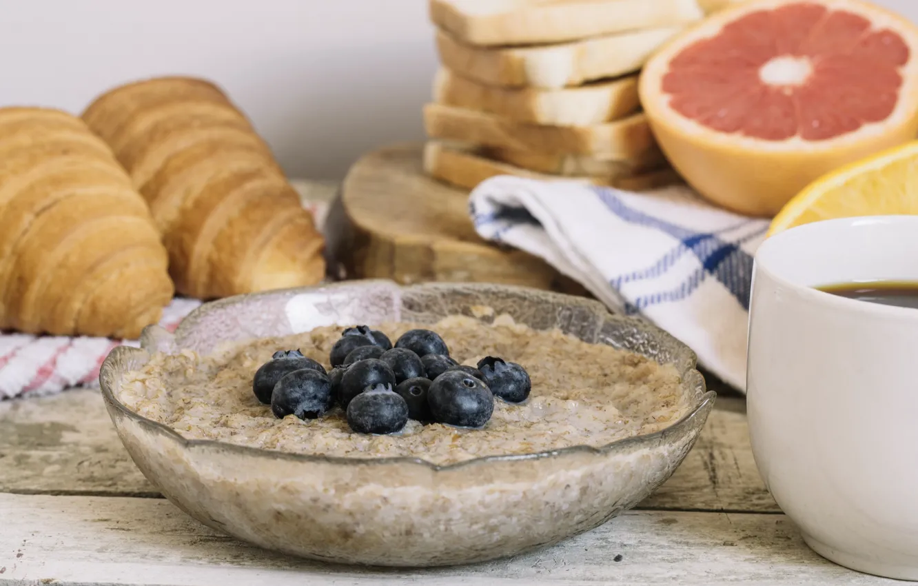 Photo wallpaper coffee, food, Breakfast, blueberries, bread, cereal, croissant
