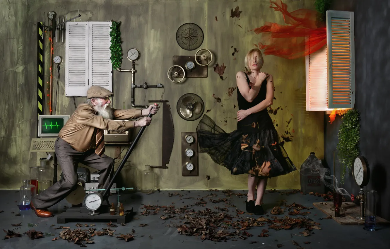 Photo wallpaper leaves, girl, room, the wind, window, equipment, the nutty Professor, climate control