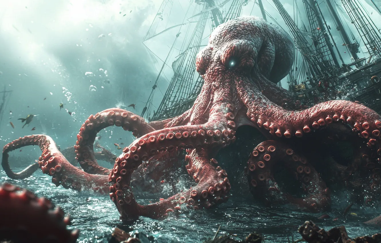 Photo wallpaper Sea, Sailboats, The tentacles, Attack, Ships, Digital art, Sea monster, AI art
