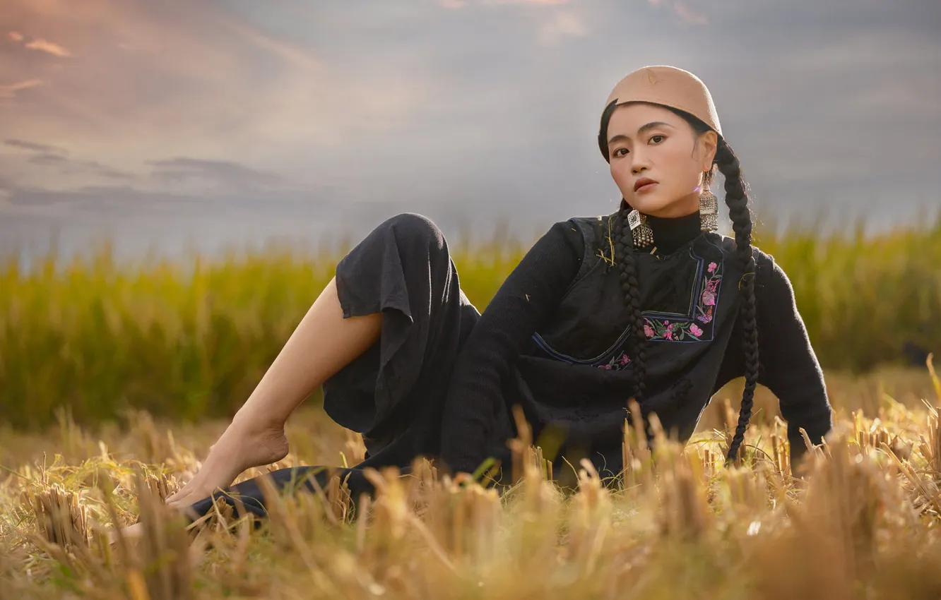 Photo wallpaper field, look, girl, nature, pose, Asian, Nick Vison