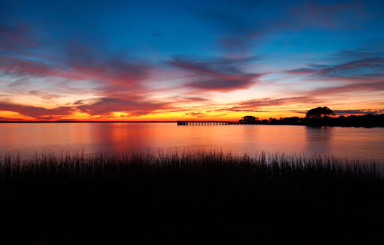 Photo wallpaper the sky, grass, clouds, landscape, sunset, Wallpaper, shore, the evening