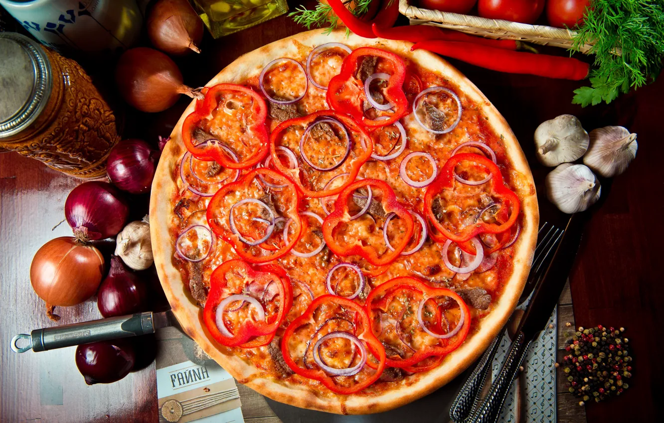 Photo wallpaper pepper, vegetables, pizza