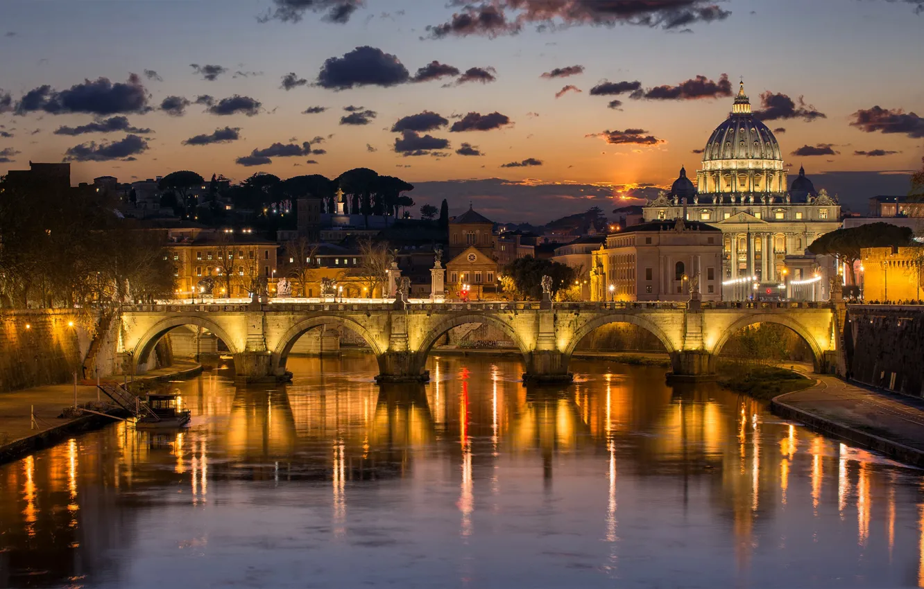 Photo wallpaper night, bridge, lights, river, Rome, Italy, The Tiber