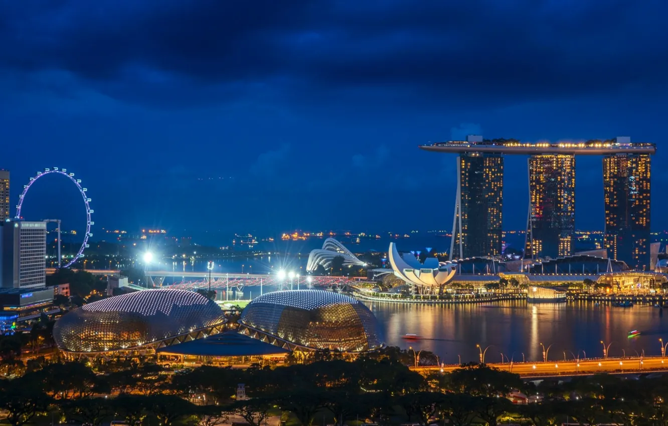 Photo wallpaper night, the city, Singapore, Ferris wheel, Singapore, Singapore city