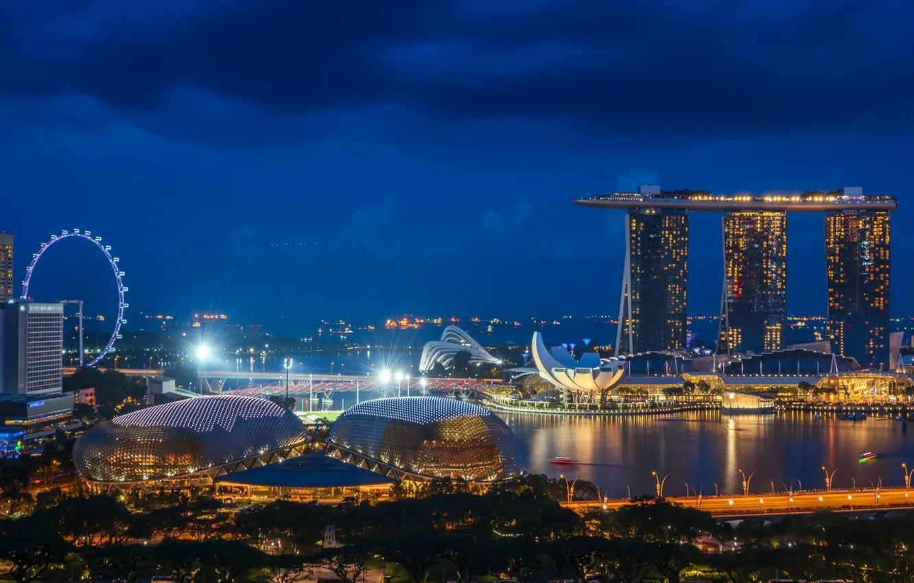 Wallpaper night, the city, Singapore, Ferris wheel, Singapore ...