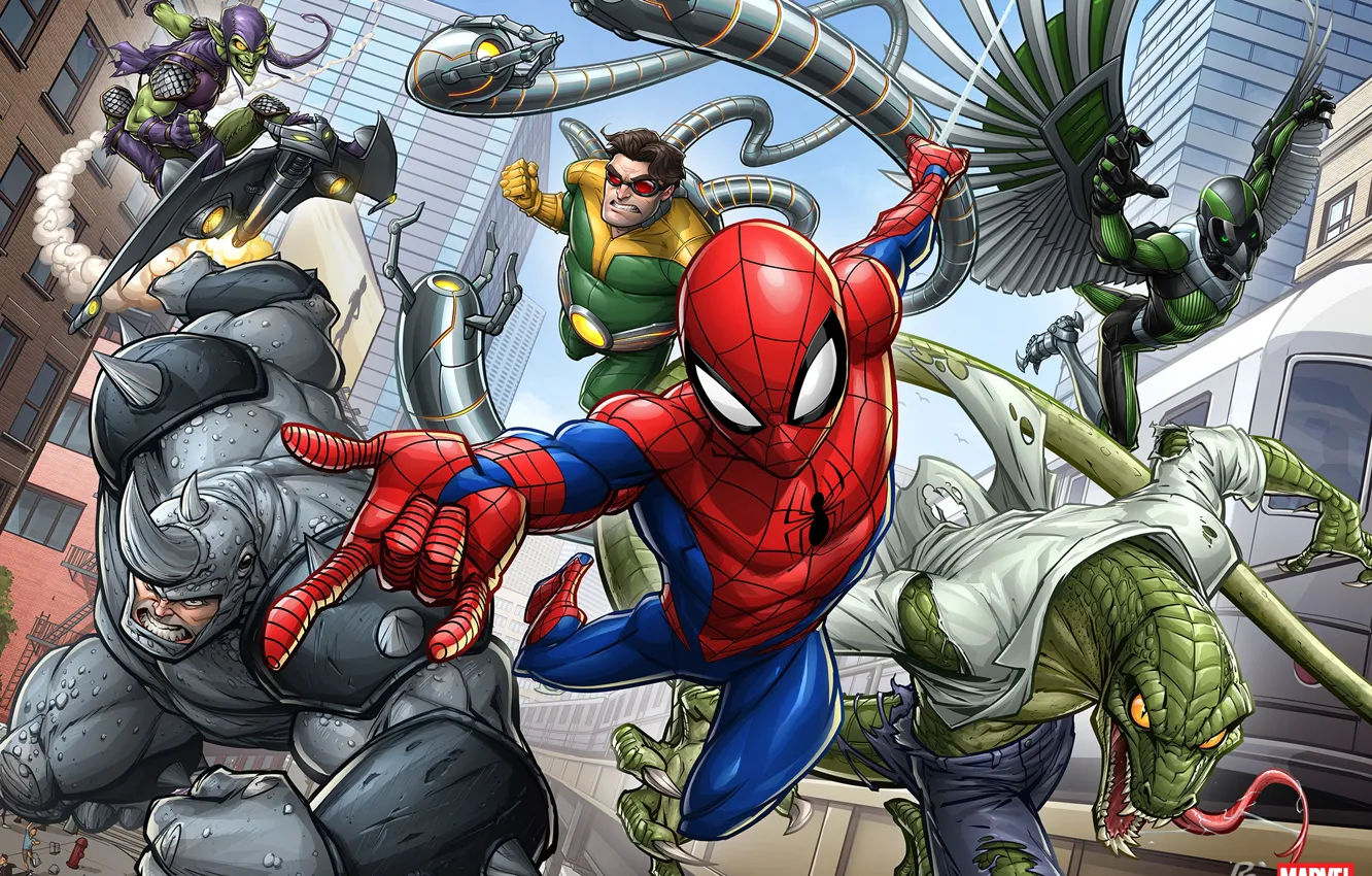 Photo wallpaper art, Spider-man, marvel comics, Doctor Octopus, Patrick Brown, PatrickBrown, Green Goblin, Rhino