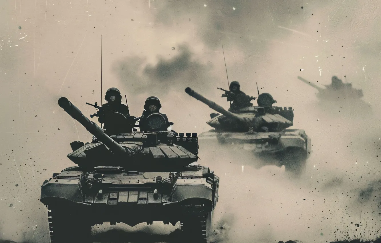 Photo wallpaper retro, smoke, dust, tank, columns, black and white, tankers, digital art