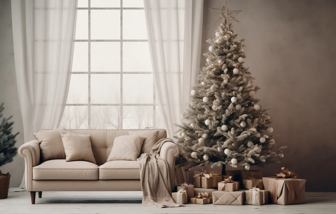 Photo wallpaper decoration, room, sofa, gift, balls, tree, new year, home