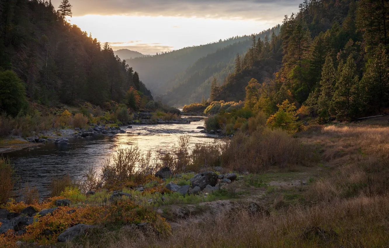Photo wallpaper forest, sunset, mountains, nature, river, the evening, Oregon
