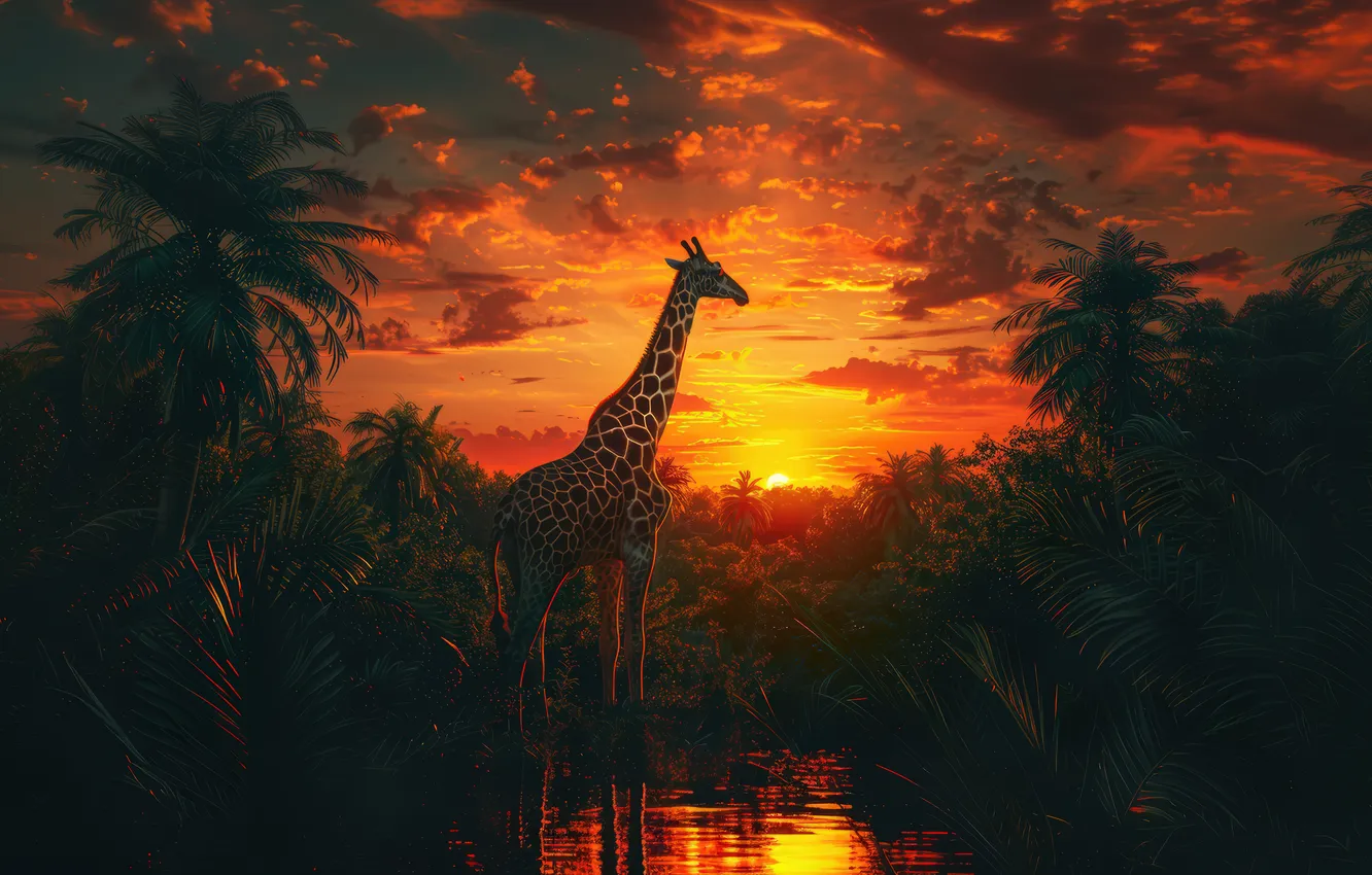 Photo wallpaper clouds, trees, sunset, giraffe, river, digital art, AI art, The Art of Artificial Intelligence