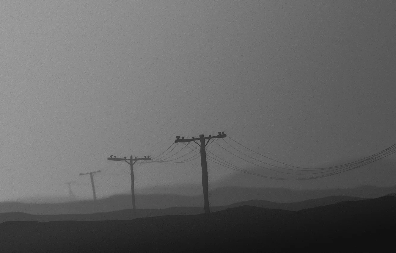 Photo wallpaper grey, posts, wire, black and white, 156