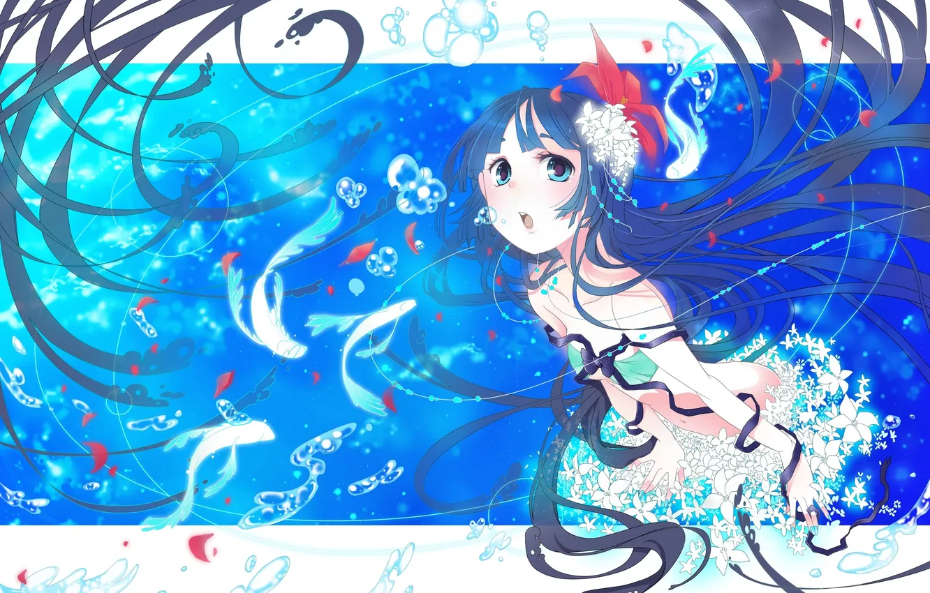 Photo wallpaper girl, flowers, bubbles, fish, anime, art, tape, Kiko