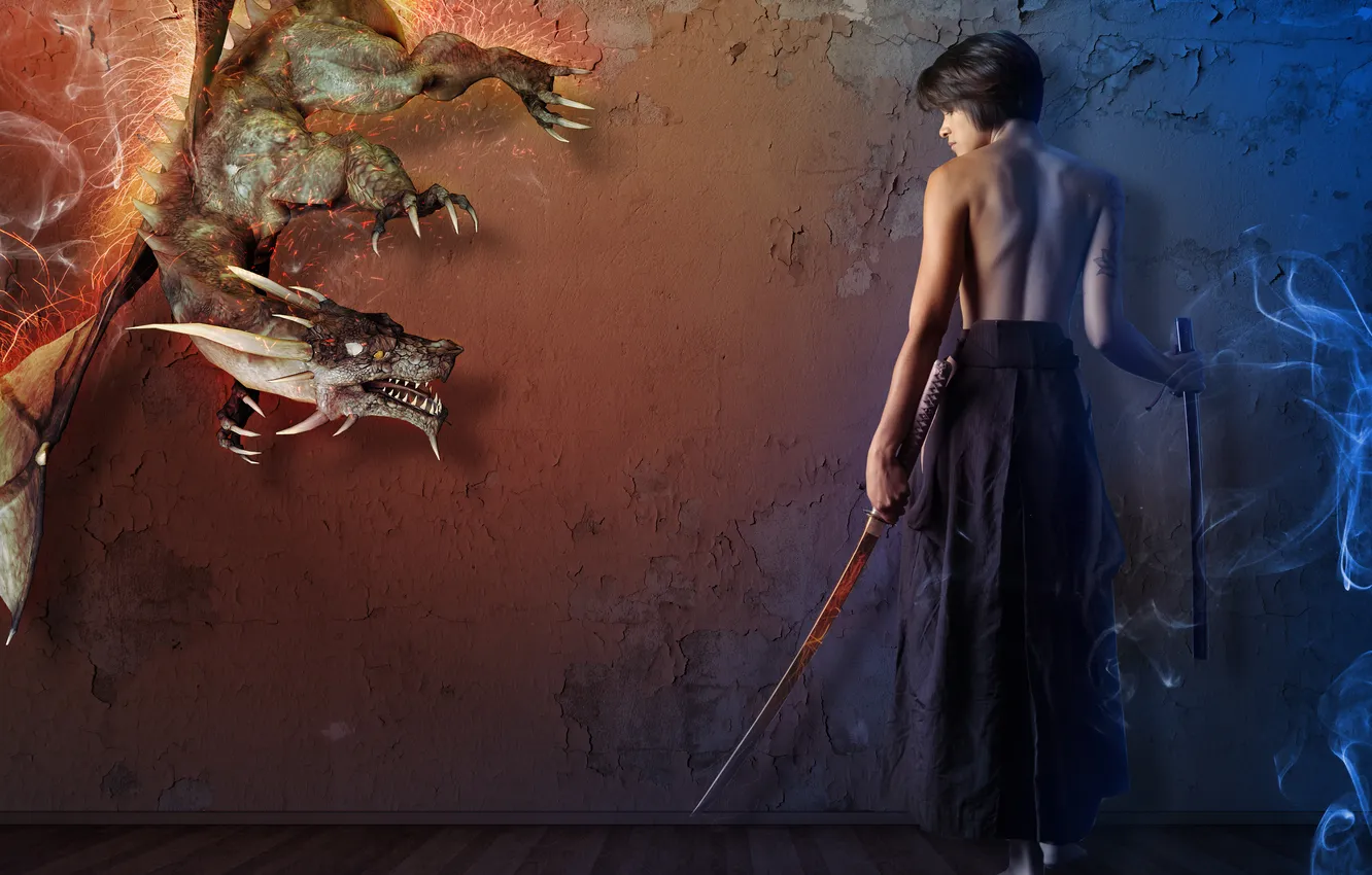 Photo wallpaper girl, dragon, smoke, sword, sparks