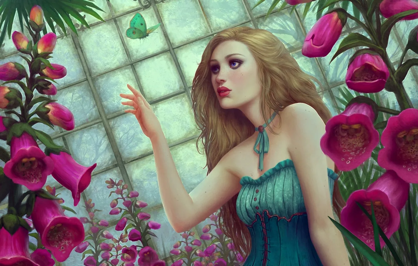 Photo wallpaper girl, flowers, butterfly, garden