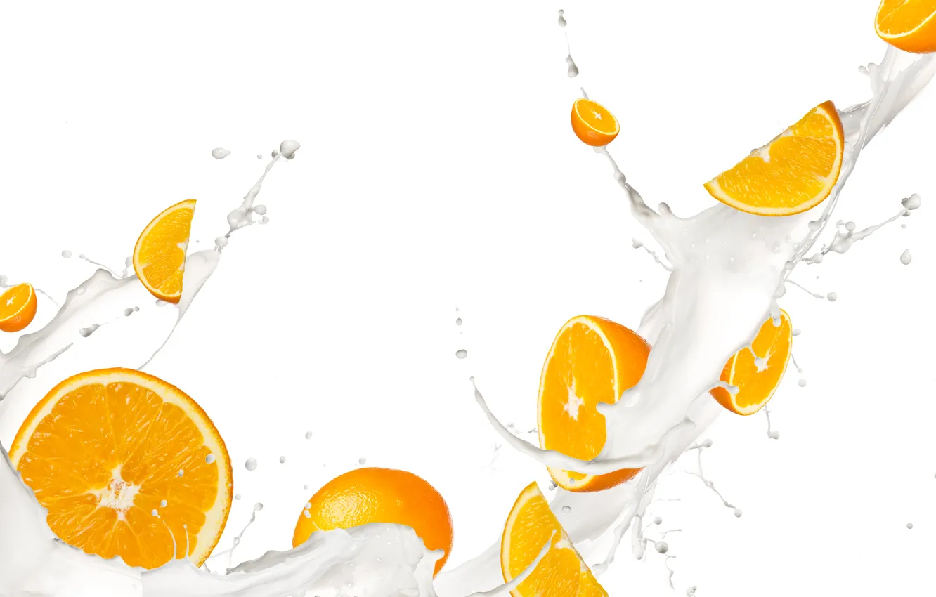 Photo wallpaper orange, milk, fruit, splash. squirt