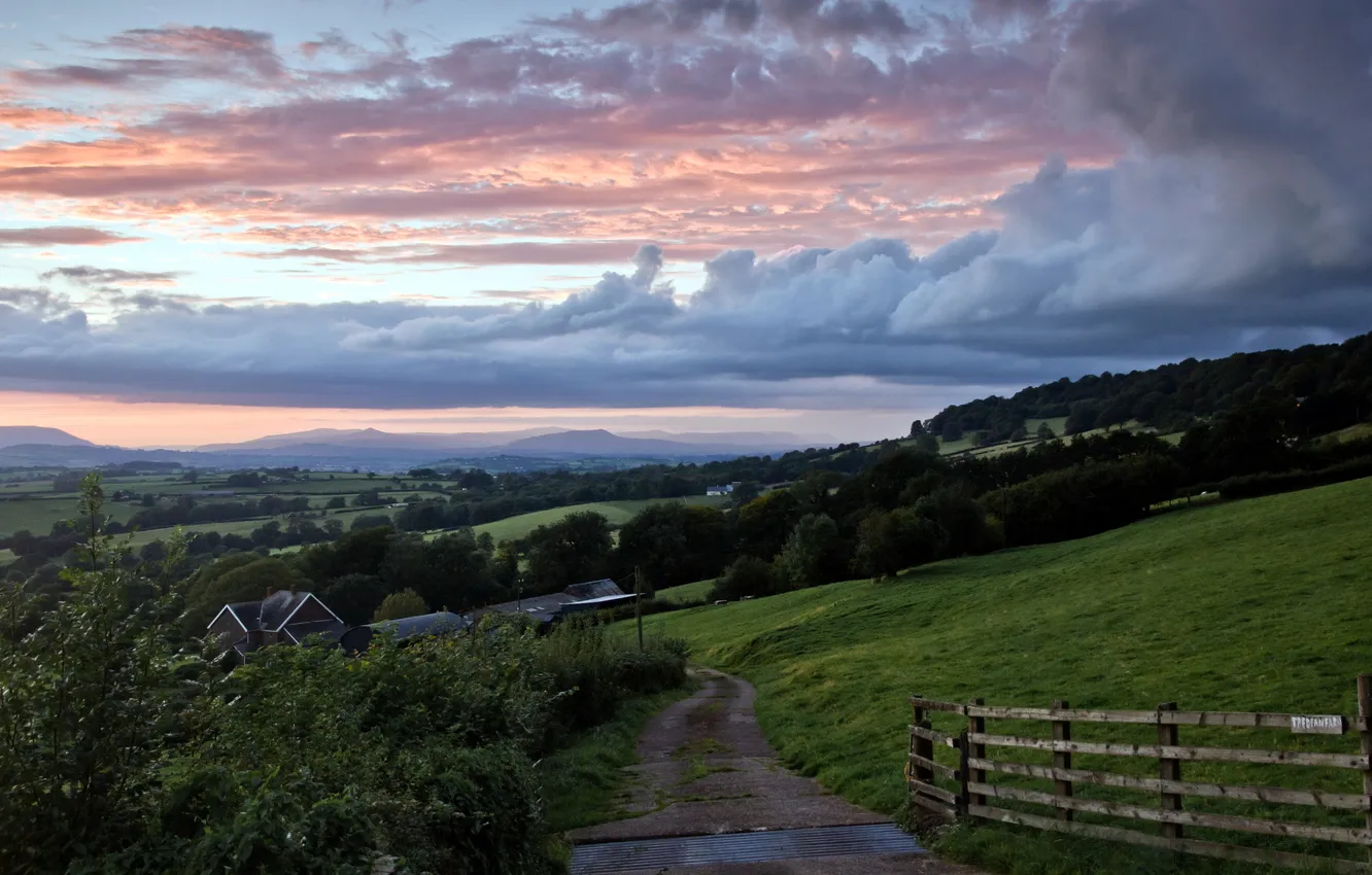 Photo wallpaper field, landscape, sunset, the fence, valley