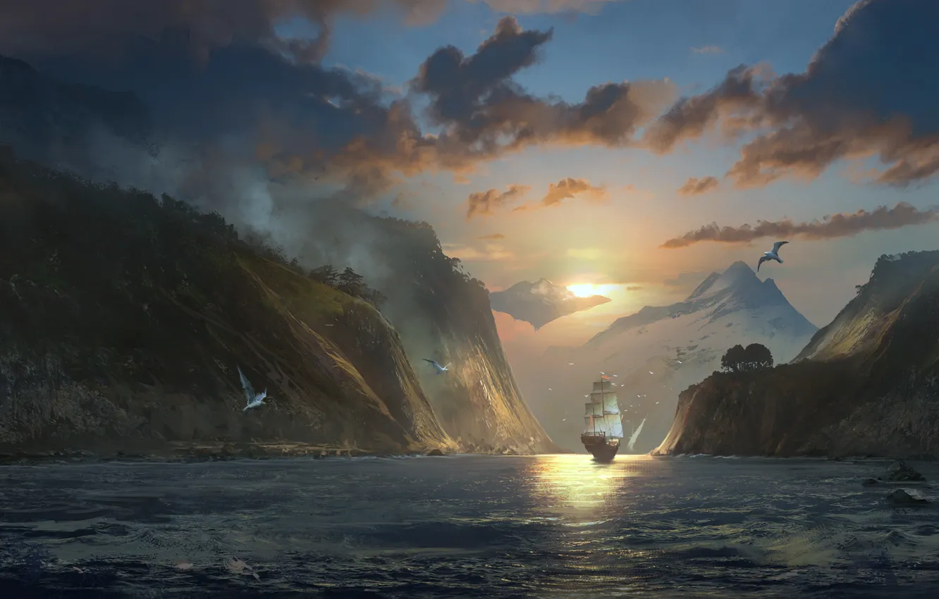 Photo wallpaper sea, wave, the sky, water, clouds, mountains, rocks, bird