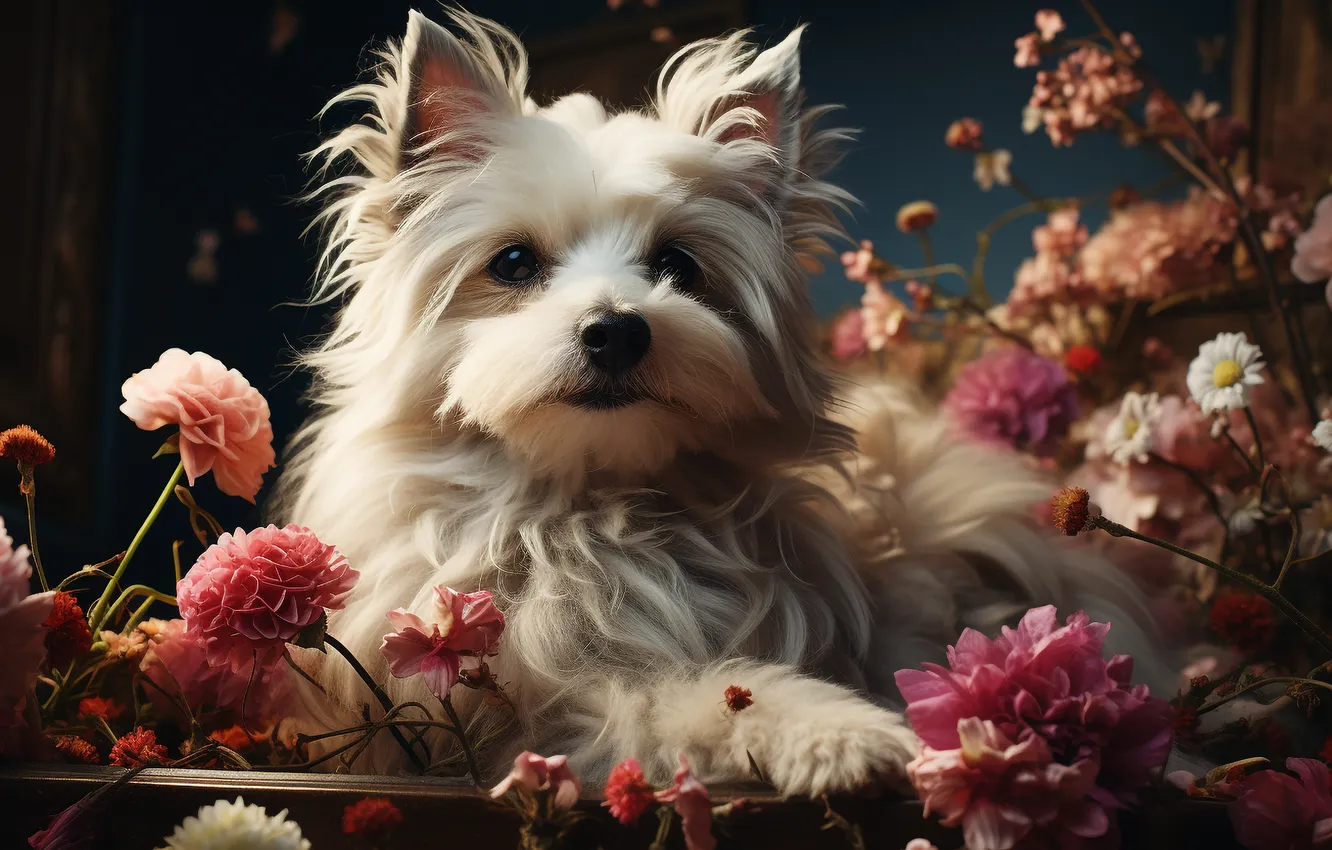 Photo wallpaper look, face, flowers, dog, digital art, The Biewer Terrier, AI art, The Art of Artificial …